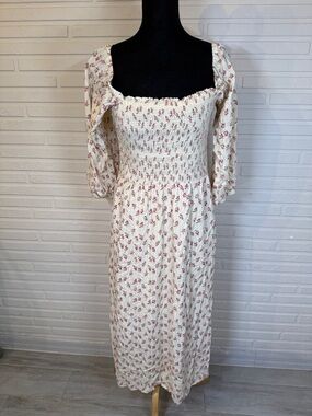 WAYF Smocked SquareNeck Maxi Dress Cream Pink Floral Print, Women’s Size Medium